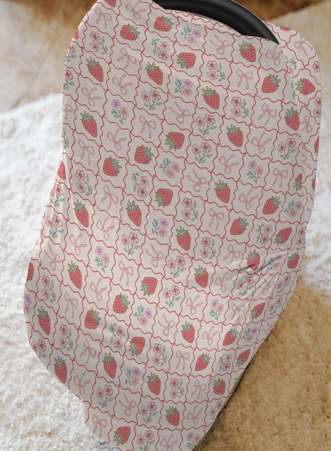 ZoUbqchY Boho Strawberry Flowers Car Seat Cover for Baby Strawberries Pink Bows Checkerboard Stretchy 5-in-1 Cover Adjustable Car Canopy Cover Summer Fruit Breathable Nursing Cover-Up - Image 2